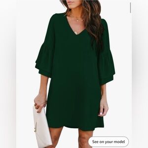 Forest Green V-Neck Bell Sleeve Knee-Length Sundress
